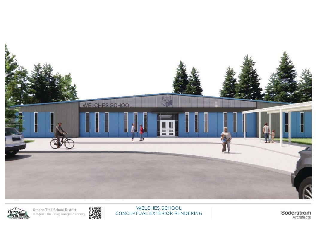 A rendering of what the new entrance to a K-8 Welches School building may look like.